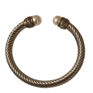 Silver Toned Cuff Unisex Bracelet Gold & Faux Pearl  Accents Simple Elegant